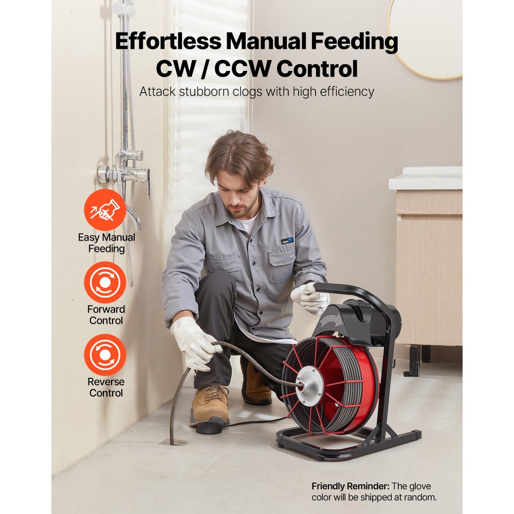 VEVOR Drain Cleaner Machine 75 FT x 1/2 Inch, Sewer Snake Auger Manual Feed with 4 Cutters & Air-activated Foot Switch for 2" to 6" Pipes