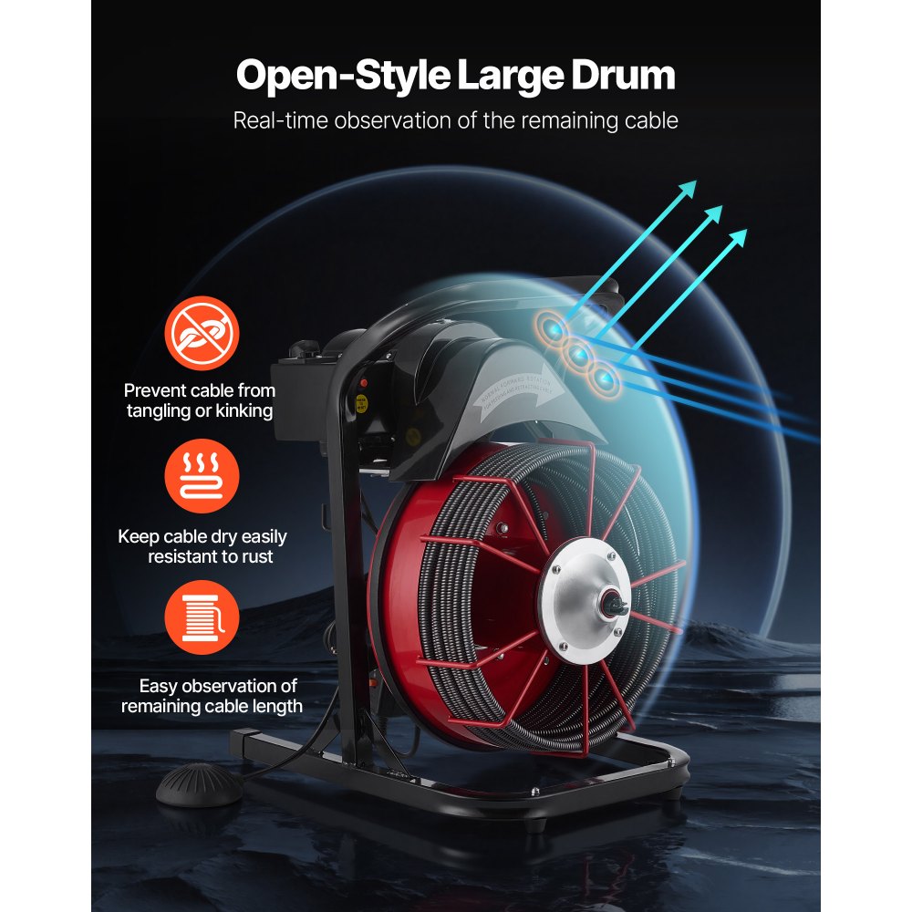 VEVOR Drain Cleaner Machine 23m x 13mm, Sewer Snake Auger Manual Feed with 4 Cutters & Air-activated Foot Switch for 50mm to 150mm Pipes