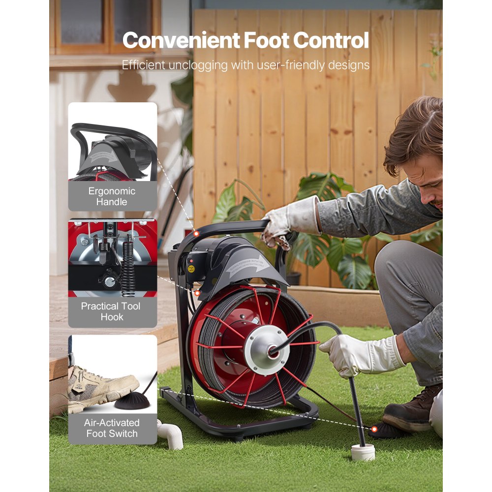 VEVOR Drain Cleaner Machine 23m x 13mm, Sewer Snake Auger Manual Feed with 4 Cutters & Air-activated Foot Switch for 50mm to 150mm Pipes