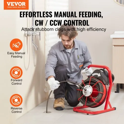 VEVOR Drain Cleaner Machine – 75 FT X 1/2 Inch Cable, Manual Feed, 4 Cutters, Air Foot Switch, For 2 To 6 Inch Pipes