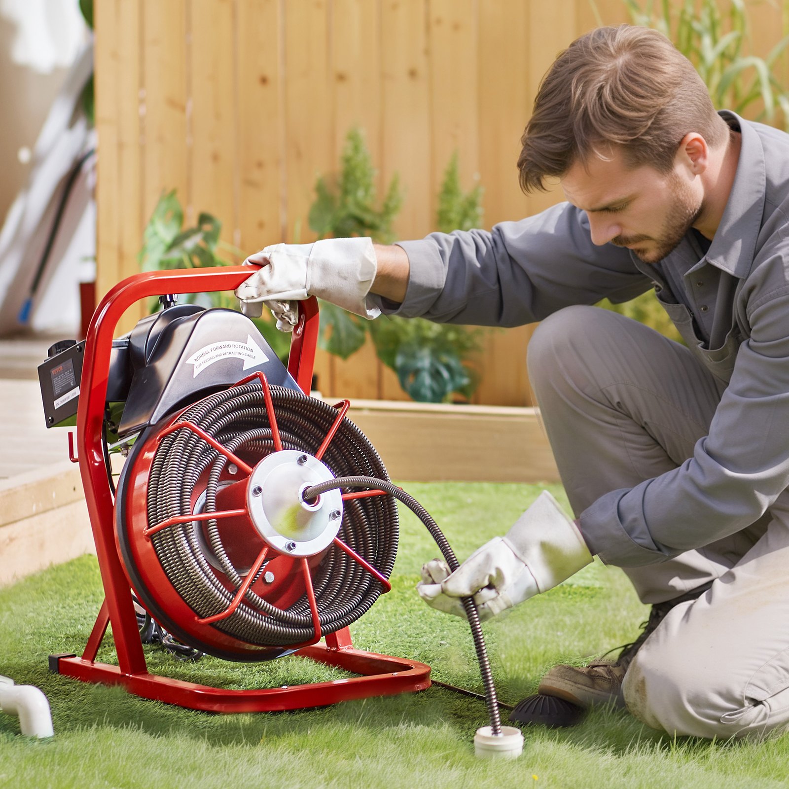 Čistič odpadů VEVOR 75 stop x 1/2 palce, ruční podávání šnekového dopravníku, elektrický čistič odpadů o výkonu 370 W se 4 řeznými noži a vzduchem aktivovaným nožním spínačem pro potrubí o průměru 2" až 4