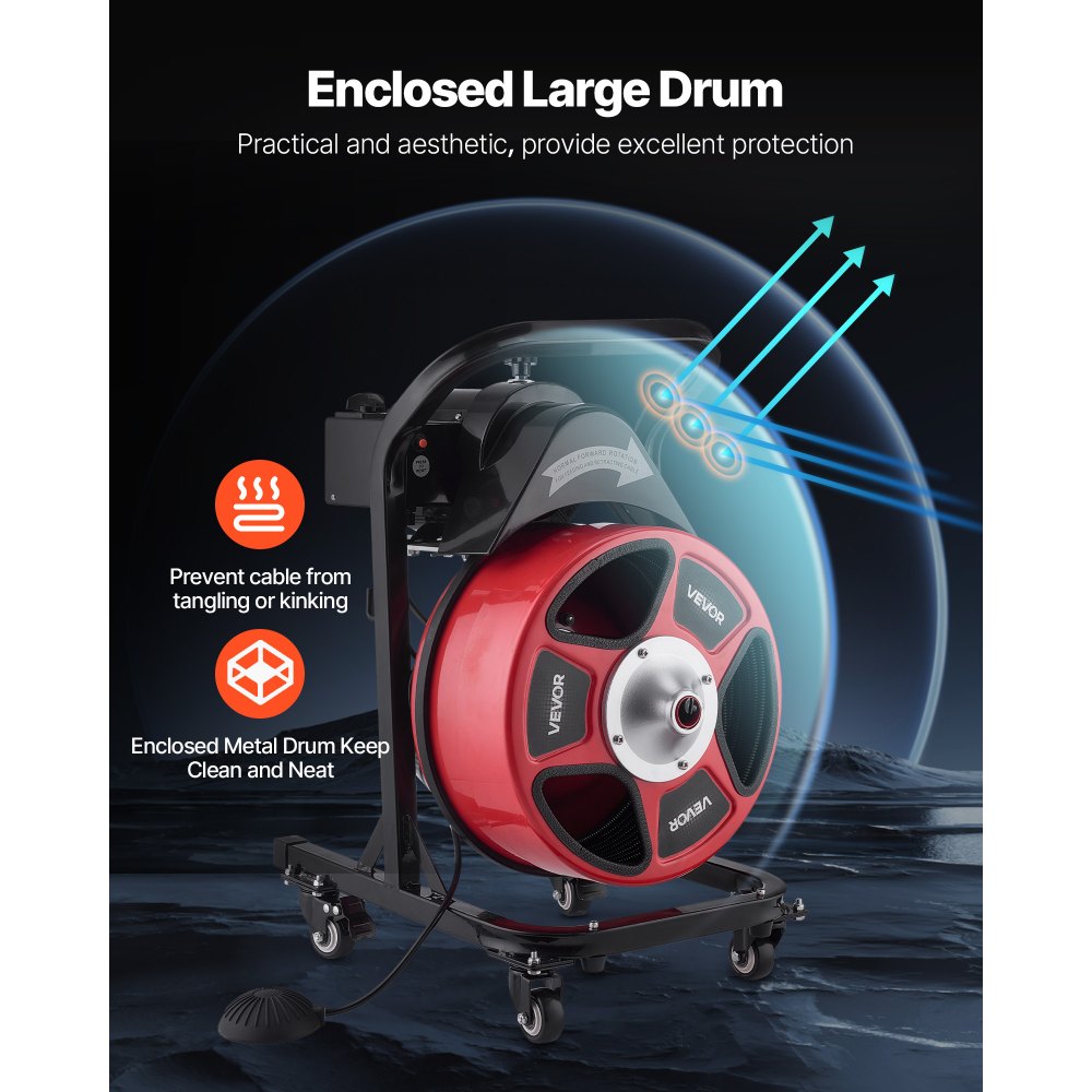 VEVOR Drain Cleaner Machine 15m x 13mm, Manual Feed Sewer Snake Auger on Wheels - with 4 Cutters & Air-activated Foot Switch for 50mm to 150mm Pipes
