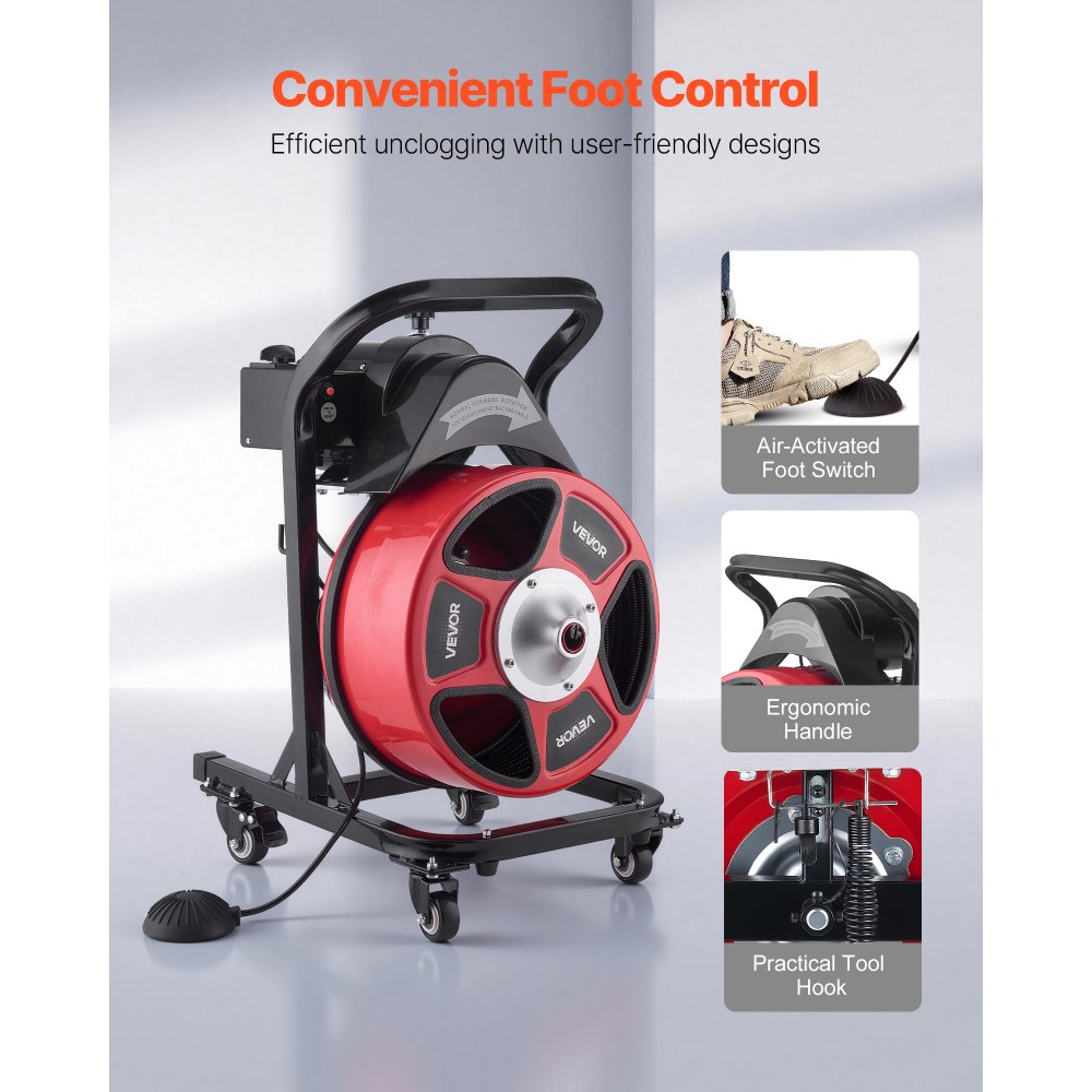 VEVOR Drain Cleaner Machine 15m x 13mm, Manual Feed Sewer Snake Auger on Wheels - with 4 Cutters & Air-activated Foot Switch for 50mm to 150mm Pipes