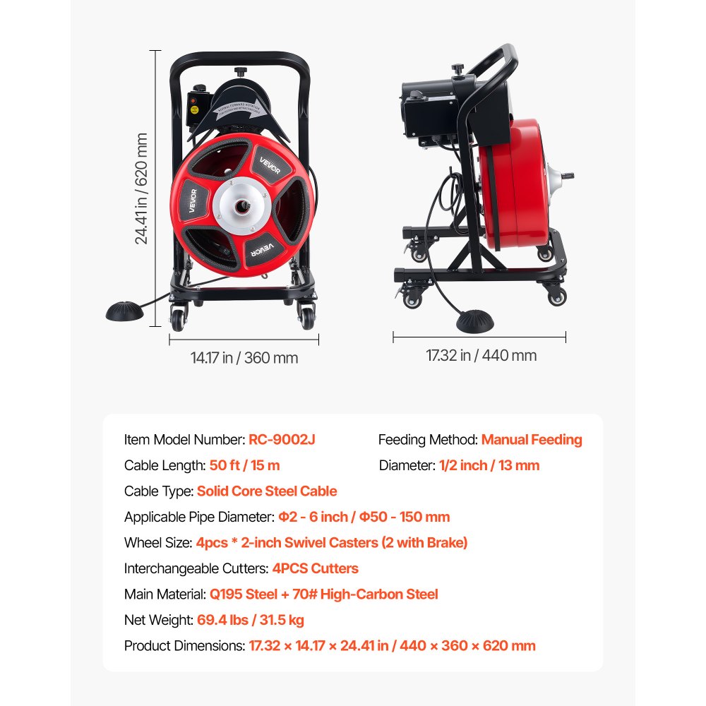 VEVOR Drain Cleaner Machine 15m x 13mm, Manual Feed Sewer Snake Auger on Wheels - with 4 Cutters & Air-activated Foot Switch for 50mm to 150mm Pipes