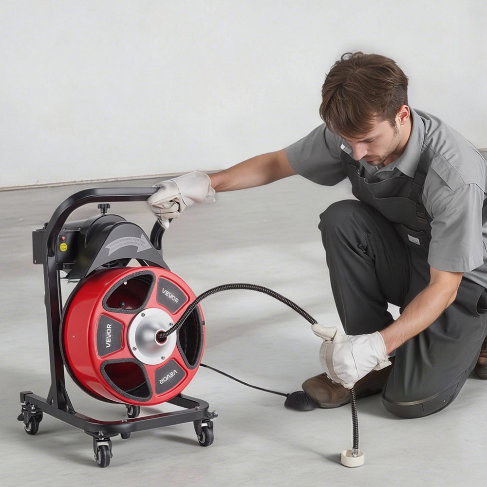 VEVOR Drain Cleaner Machine 15m x 13mm, Manual Feed Sewer Snake Auger on Wheels - with 4 Cutters & Air-activated Foot Switch for 50mm to 150mm Pipes