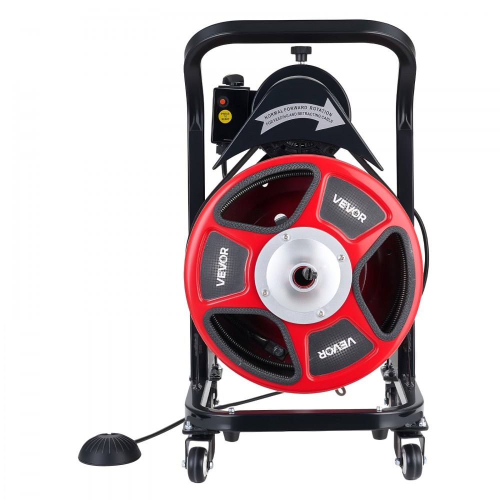 VEVOR Drain Cleaner Machine 15m x 13mm, Manual Feed Sewer Snake Auger on Wheels - with 4 Cutters & Air-activated Foot Switch for 50mm to 150mm Pipes