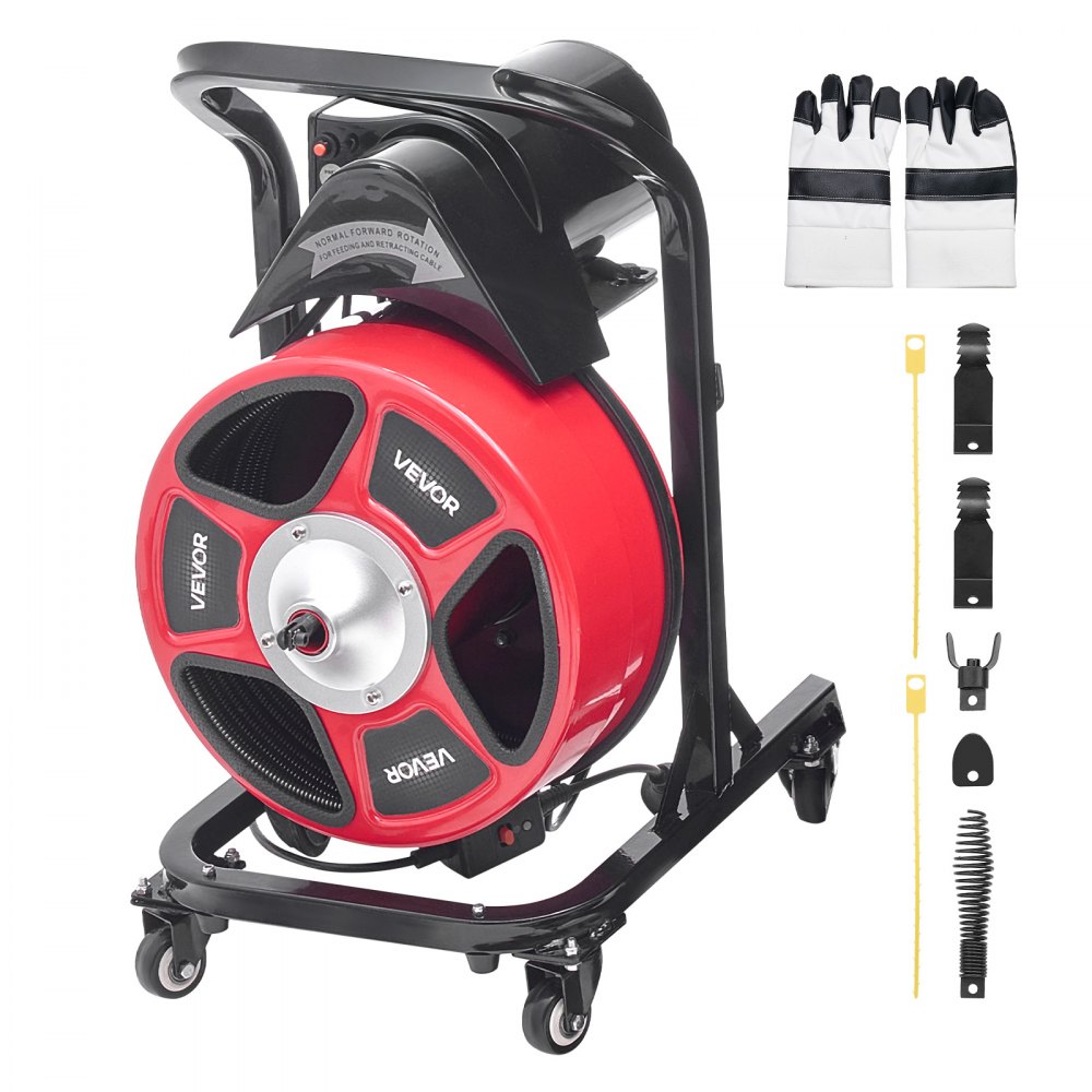 VEVOR Drain Cleaner Machine 15m x 13mm, Manual Feed Sewer Snake Auger on Wheels - with 4 Cutters & Air-activated Foot Switch for 50mm to 150mm Pipes