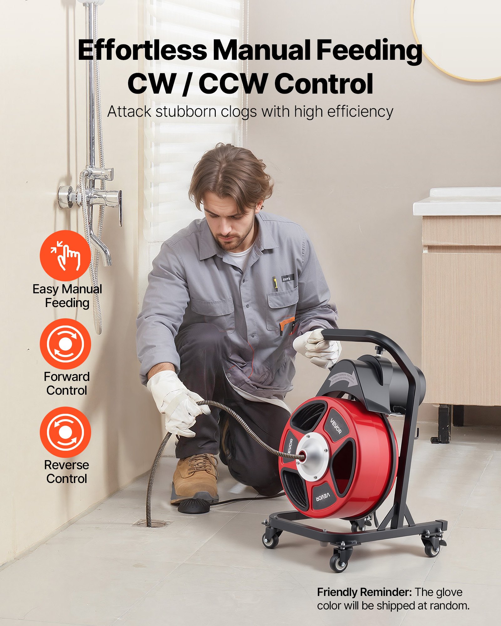 VEVOR Drain Cleaner Machine 15m x 13mm, Manual Feed Sewer Snake Auger on Wheels - with 4 Cutters & Air-activated Foot Switch for 50mm to 150mm Pipes