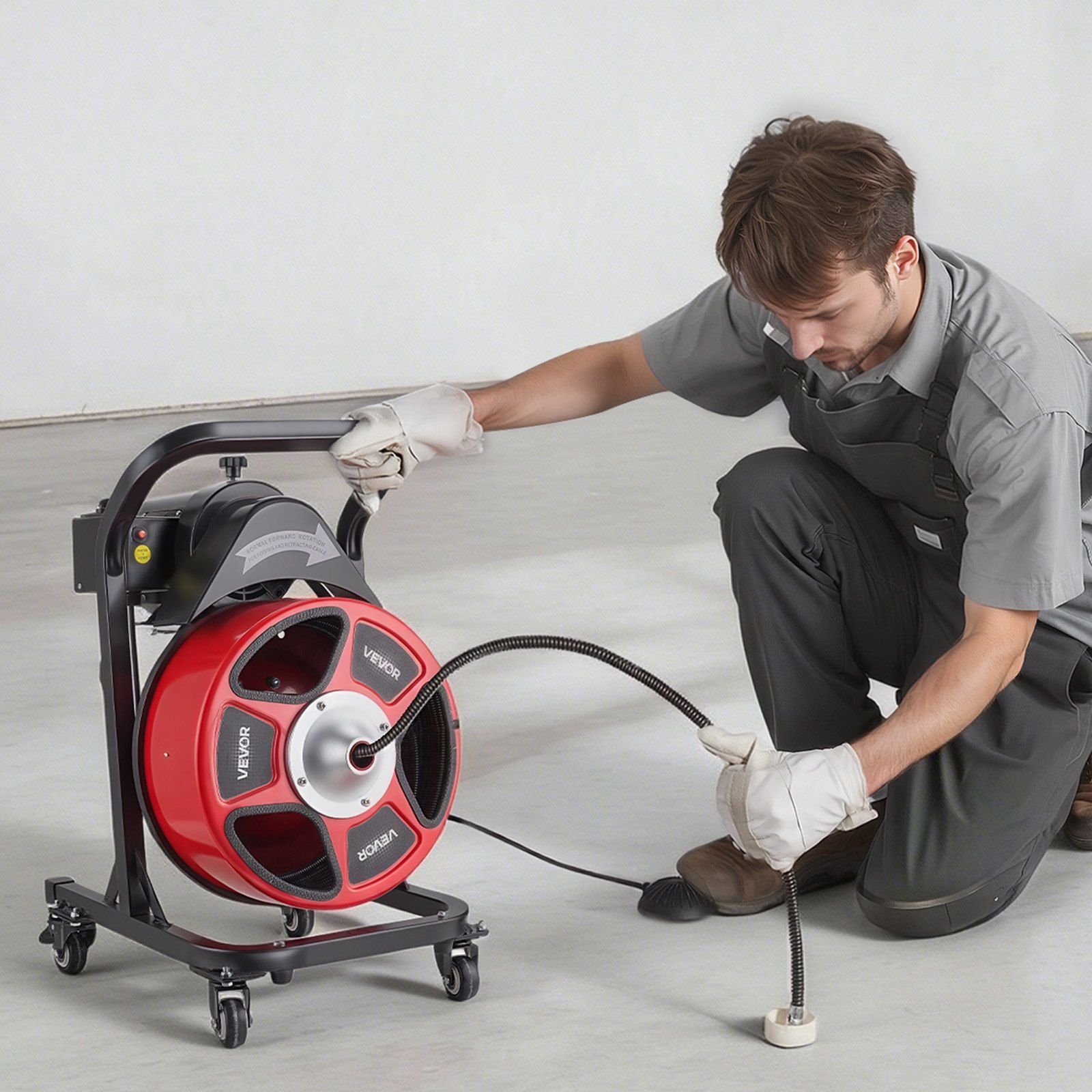 VEVOR Drain Cleaner Machine 15m x 13mm, Manual Feed Sewer Snake Auger on Wheels - with 4 Cutters & Air-activated Foot Switch for 50mm to 150mm Pipes