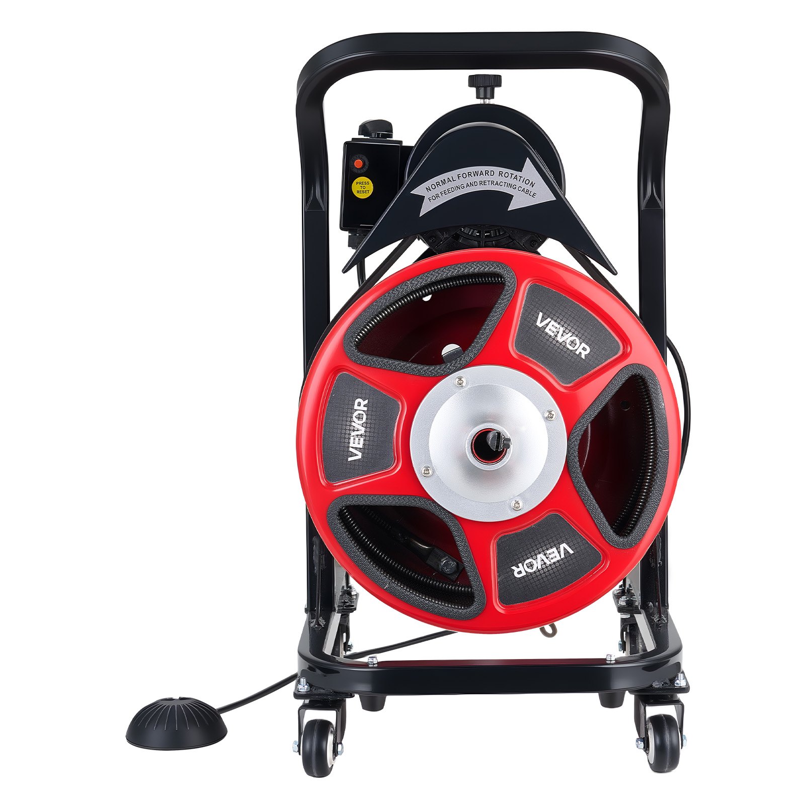 VEVOR Drain Cleaner Machine 15m x 13mm, Manual Feed Sewer Snake Auger on Wheels - with 4 Cutters & Air-activated Foot Switch for 50mm to 150mm Pipes