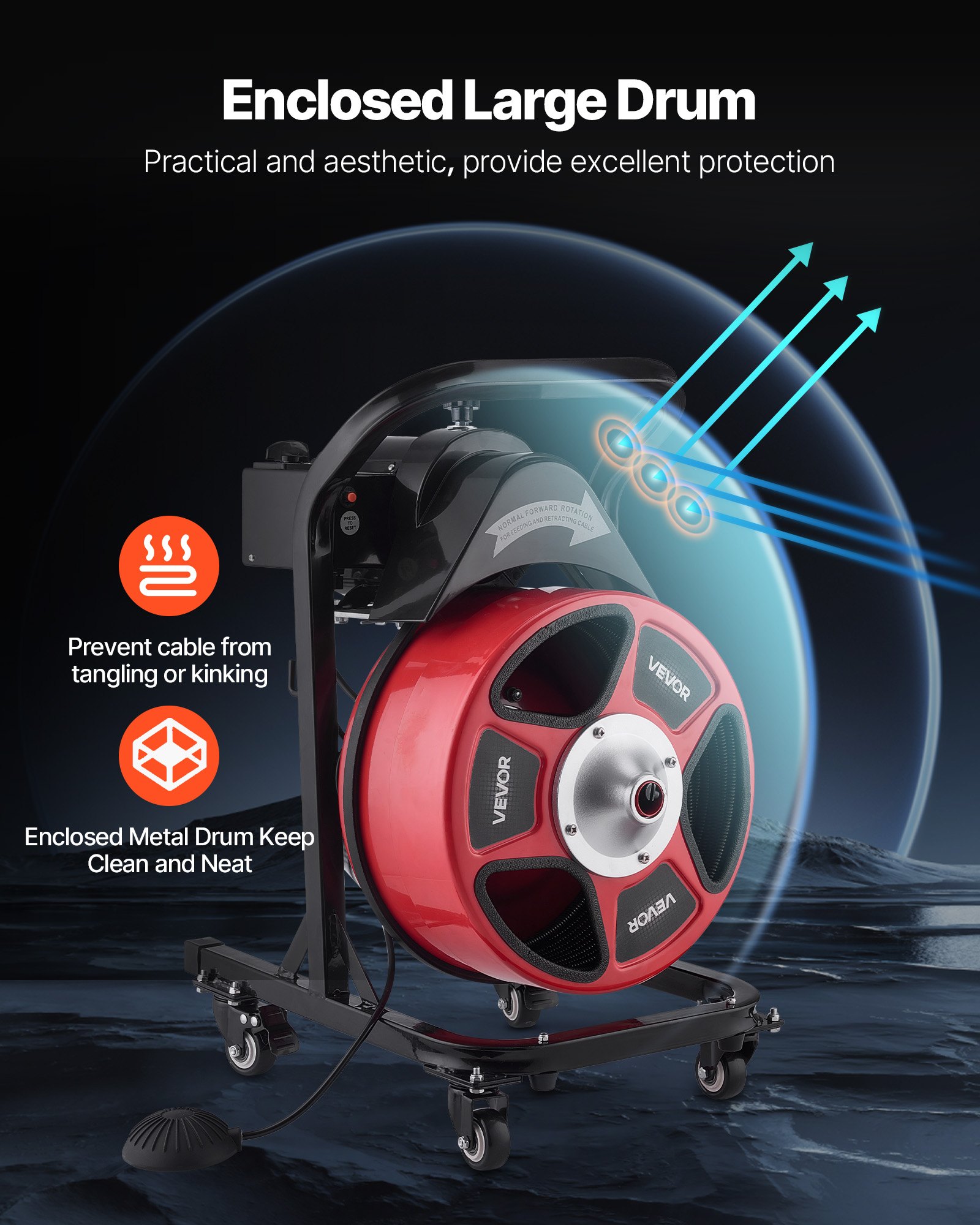 VEVOR Drain Cleaner Machine 15m x 13mm, Manual Feed Sewer Snake Auger on Wheels - with 4 Cutters & Air-activated Foot Switch for 50mm to 150mm Pipes