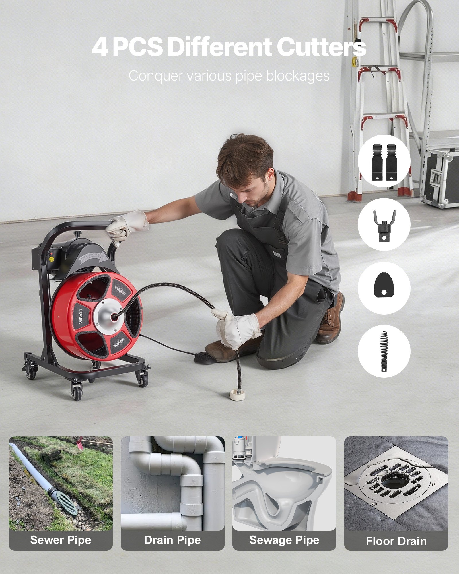 VEVOR Drain Cleaner Machine 15m x 13mm, Manual Feed Sewer Snake Auger on Wheels - with 4 Cutters & Air-activated Foot Switch for 50mm to 150mm Pipes
