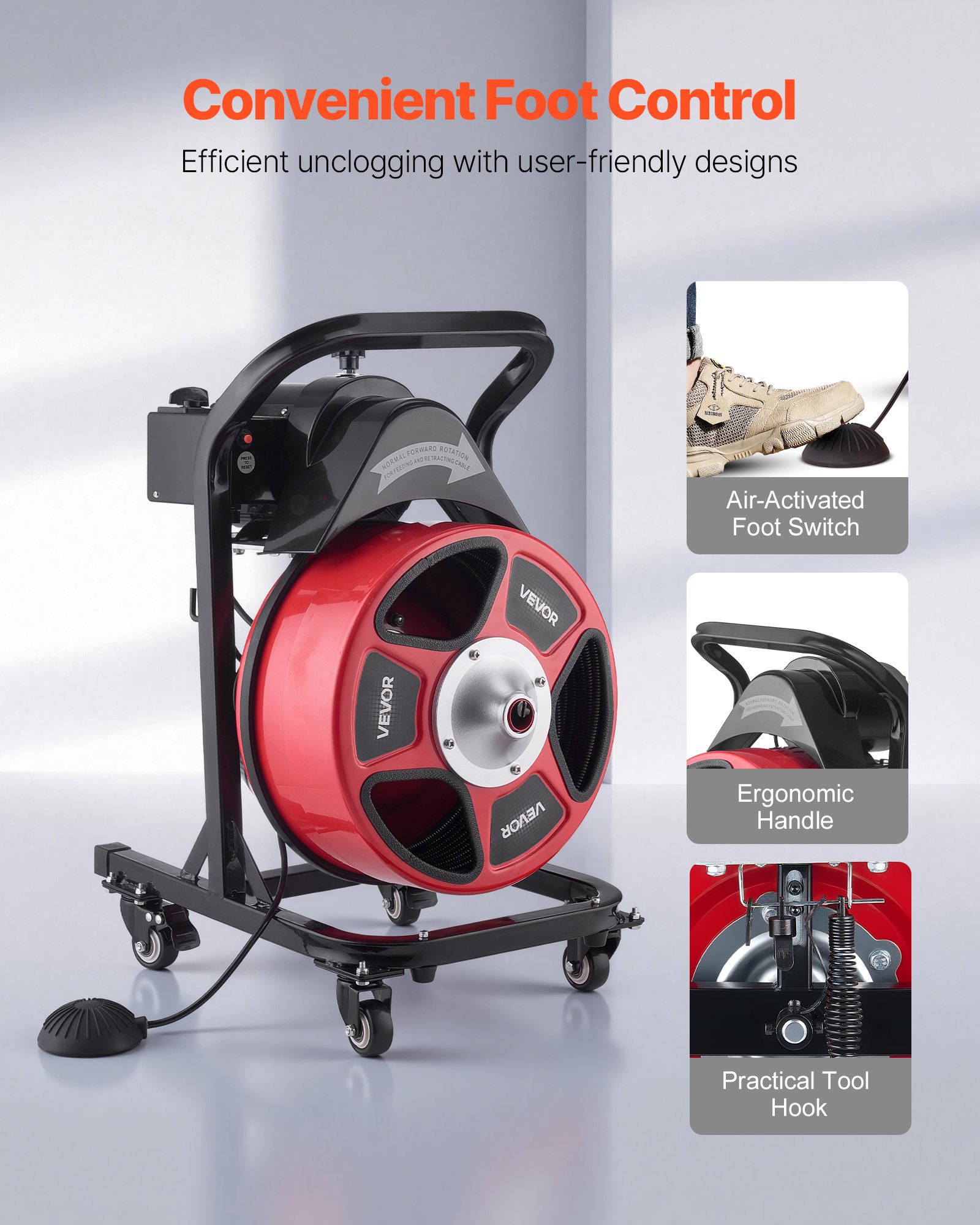 VEVOR Drain Cleaner Machine 15m x 13mm, Manual Feed Sewer Snake Auger on Wheels - with 4 Cutters & Air-activated Foot Switch for 50mm to 150mm Pipes