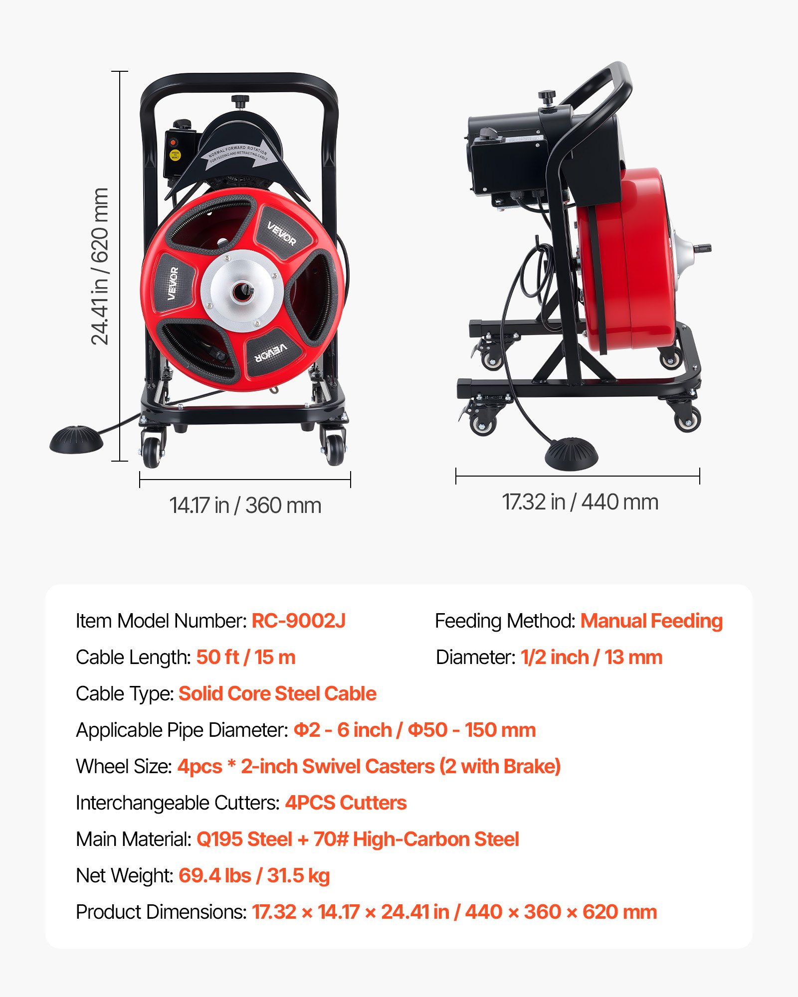 VEVOR Drain Cleaner Machine 15m x 13mm, Manual Feed Sewer Snake Auger on Wheels - with 4 Cutters & Air-activated Foot Switch for 50mm to 150mm Pipes