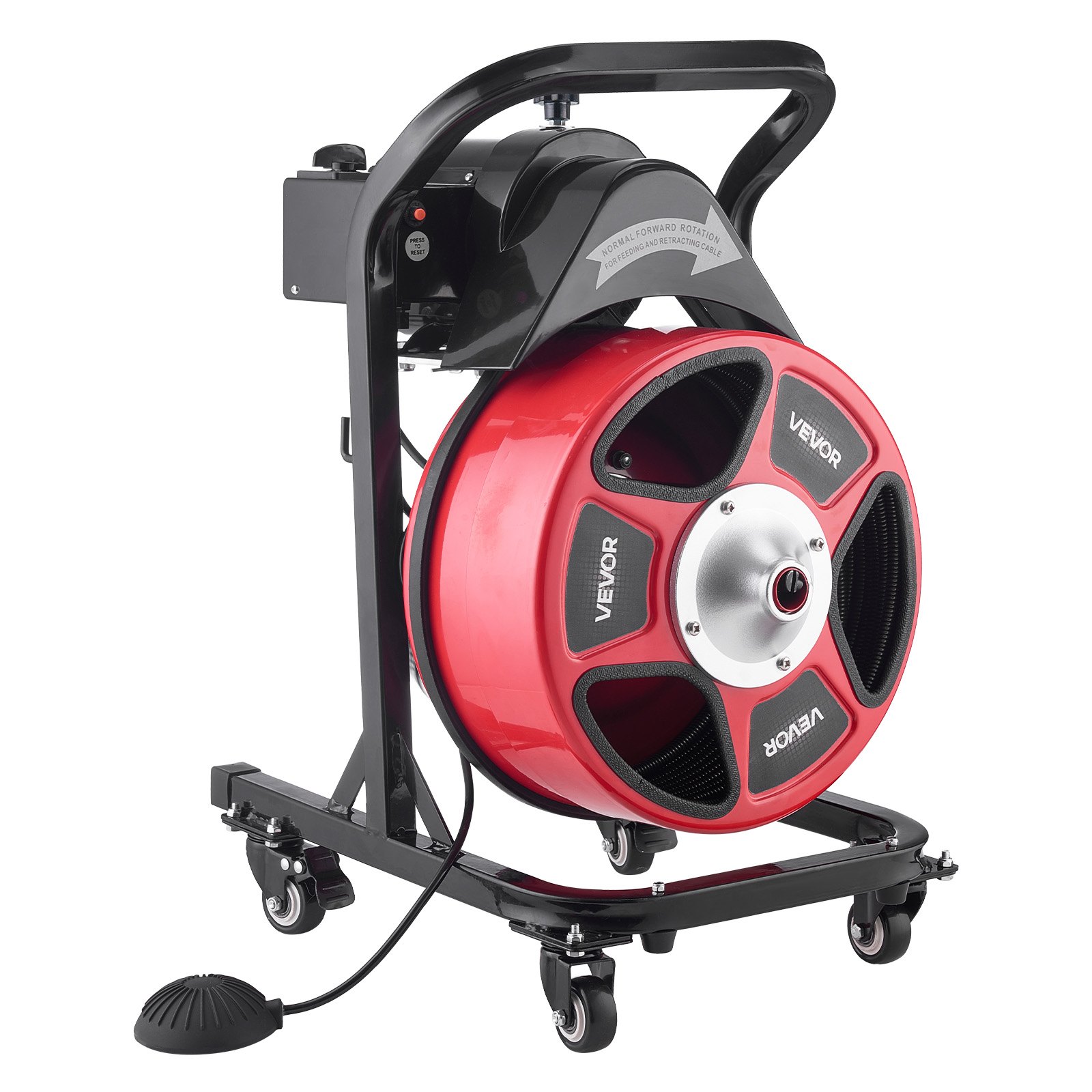 VEVOR Drain Cleaner Machine 15m x 13mm, Manual Feed Sewer Snake Auger on Wheels - with 4 Cutters & Air-activated Foot Switch for 50mm to 150mm Pipes