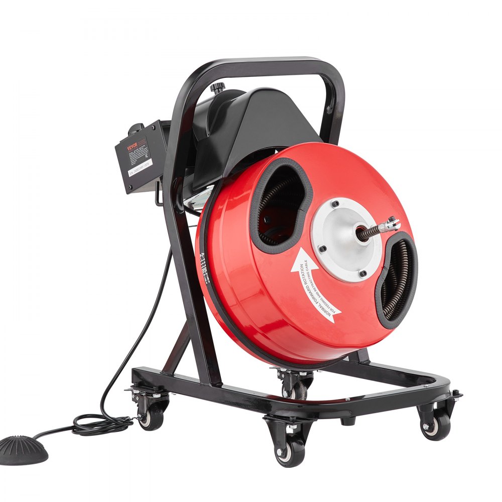 VEVOR Drain Cleaner Machine 50FT x 1/2 Inch, Manual Feed Sewer Snake Auger - with Wheels, 4 Cutters & Air-activated Foot Switch for 2" to 4" Pipes