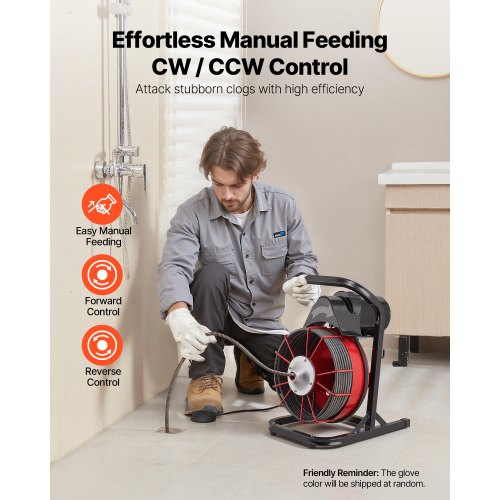 75FT X 3/8” Drain Cleaner Machine – Manual Feed Auger W/ 4 Cutters, Model D1000