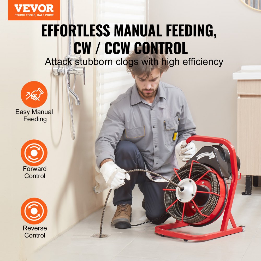 VEVOR Drain Cleaner Machine Drain Auger 2286 cm x 9.5 mm Manual Feed & 4 Cutters