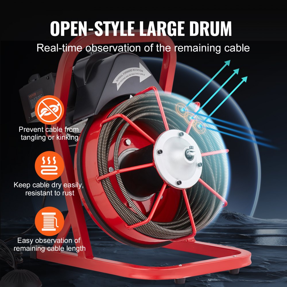 VEVOR Drain Cleaner Machine Drain Auger 2286 cm x 9.5 mm Manual Feed & 4 Cutters