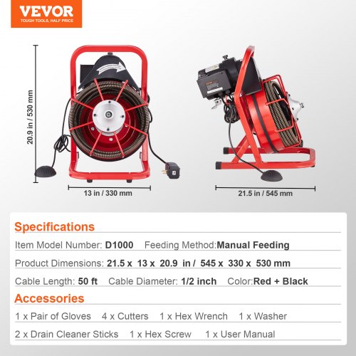 VEVOR 50FT Drain Cleaner Machine With 1/2 Inch Cable - Manual Feed Sewer Snake Auger & 4 Cutters For 2-4 Inch Pipes