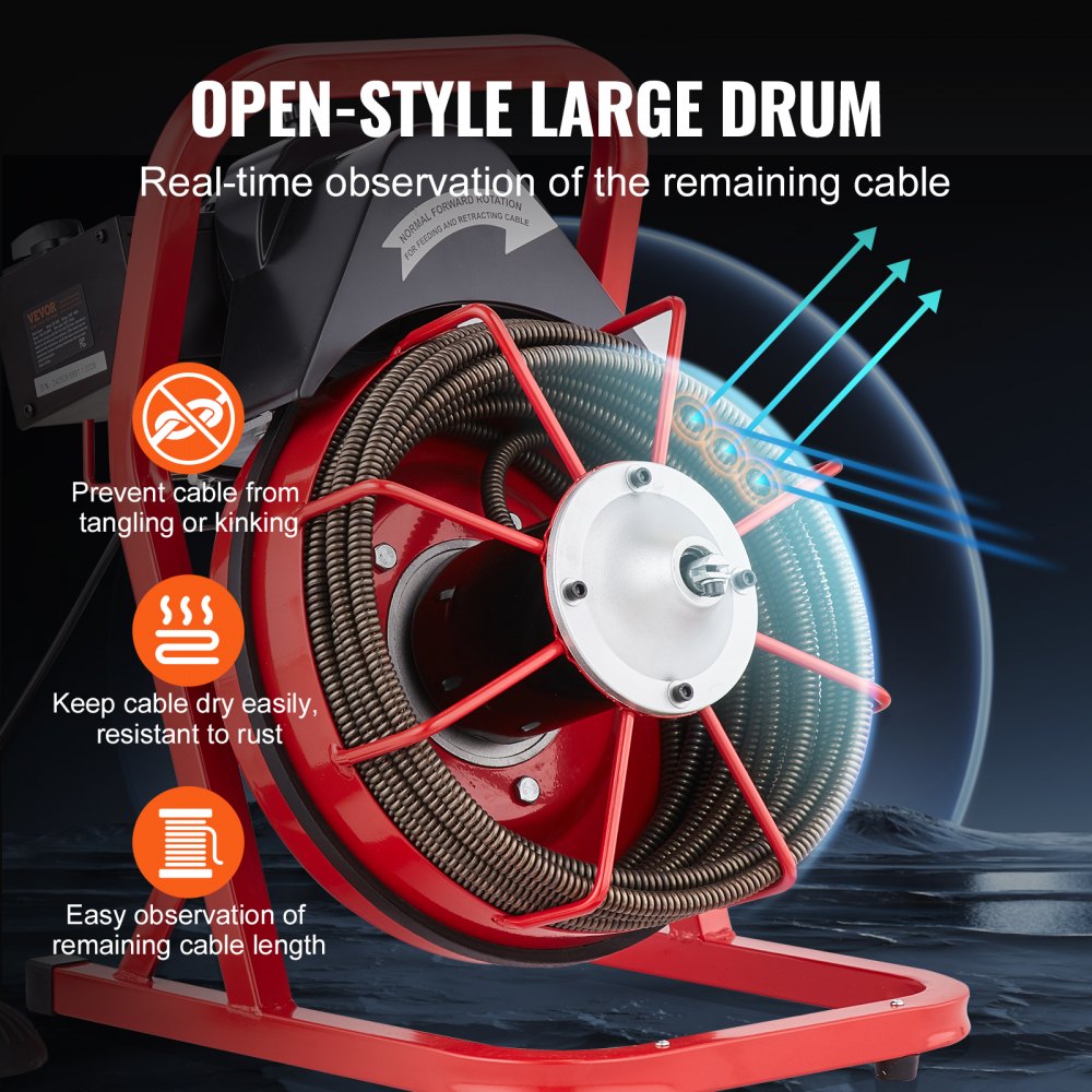 VEVOR Drain Cleaner Machine 50FT x 1/2 Inch, Sewer Snake Auger Manual Feed, 250W Electric Drain Cleaning Machine with 4 Cutters & Air-activated Foot Switch for 2" to 4" Pipes