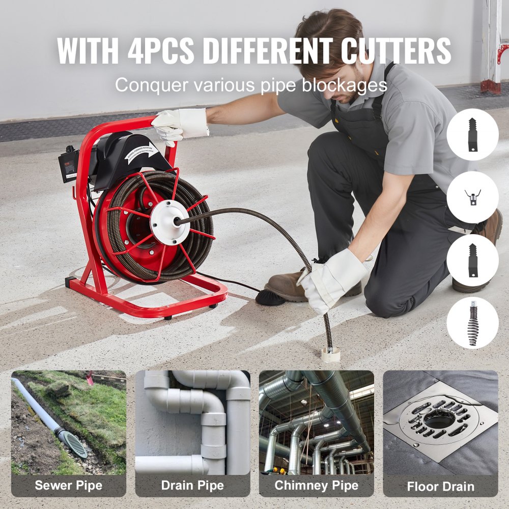 VEVOR Drain Cleaner Machine 50FT x 1/2 Inch, Sewer Snake Auger Manual Feed, 250W Electric Drain Cleaning Machine with 4 Cutters & Air-activated Foot Switch for 2" to 4" Pipes
