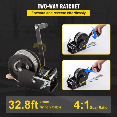 LCyindu 3500LB Hand Winch With 33ft Cable - 4:1/8:1 Gear Ratio Heavy Duty Ratchet Winch For Boat Trailer, ATV, Truck