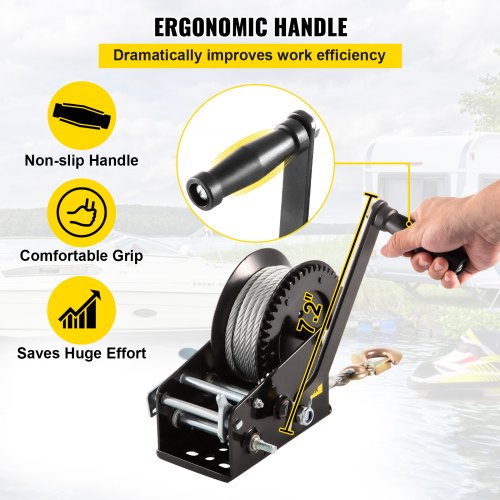 VEVOR Boat Rope Crank, 3500 LBS Capacity Heavy Duty Hand Winch with 10 m(32.8 ft) Nylon Webbing and Alloy Hook, w/ 2-Gear Two-Way Manual Operated Ratchet, for ATVs Boats Trailers Trucks Auto Marine