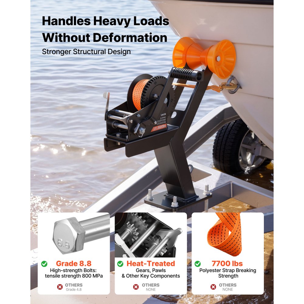 VEVOR Boat Trailer Winch Stand with Roller, 1588 kg, 6.1m Orange Polyester Strap, Boat Winch Mount, for 2-3 Inches W x 3-4 Inches H Trailer Tongue, Fit for Jet Ski, Sailboat, Speedboat