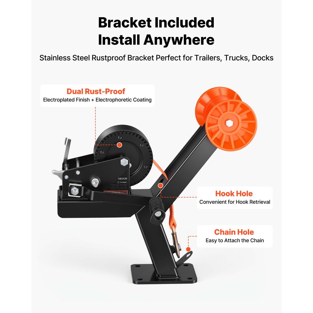 VEVOR Boat Trailer Winch Stand with Roller, 1588 kg, 6.1m Orange Polyester Strap, Boat Winch Mount, for 2-3 Inches W x 3-4 Inches H Trailer Tongue, Fit for Jet Ski, Sailboat, Speedboat