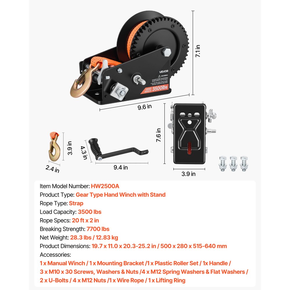 VEVOR Boat Trailer Winch Stand with Roller, 1588 kg, 6.1m Orange Polyester Strap, Boat Winch Mount, for 2-3 Inches W x 3-4 Inches H Trailer Tongue, Fit for Jet Ski, Sailboat, Speedboat