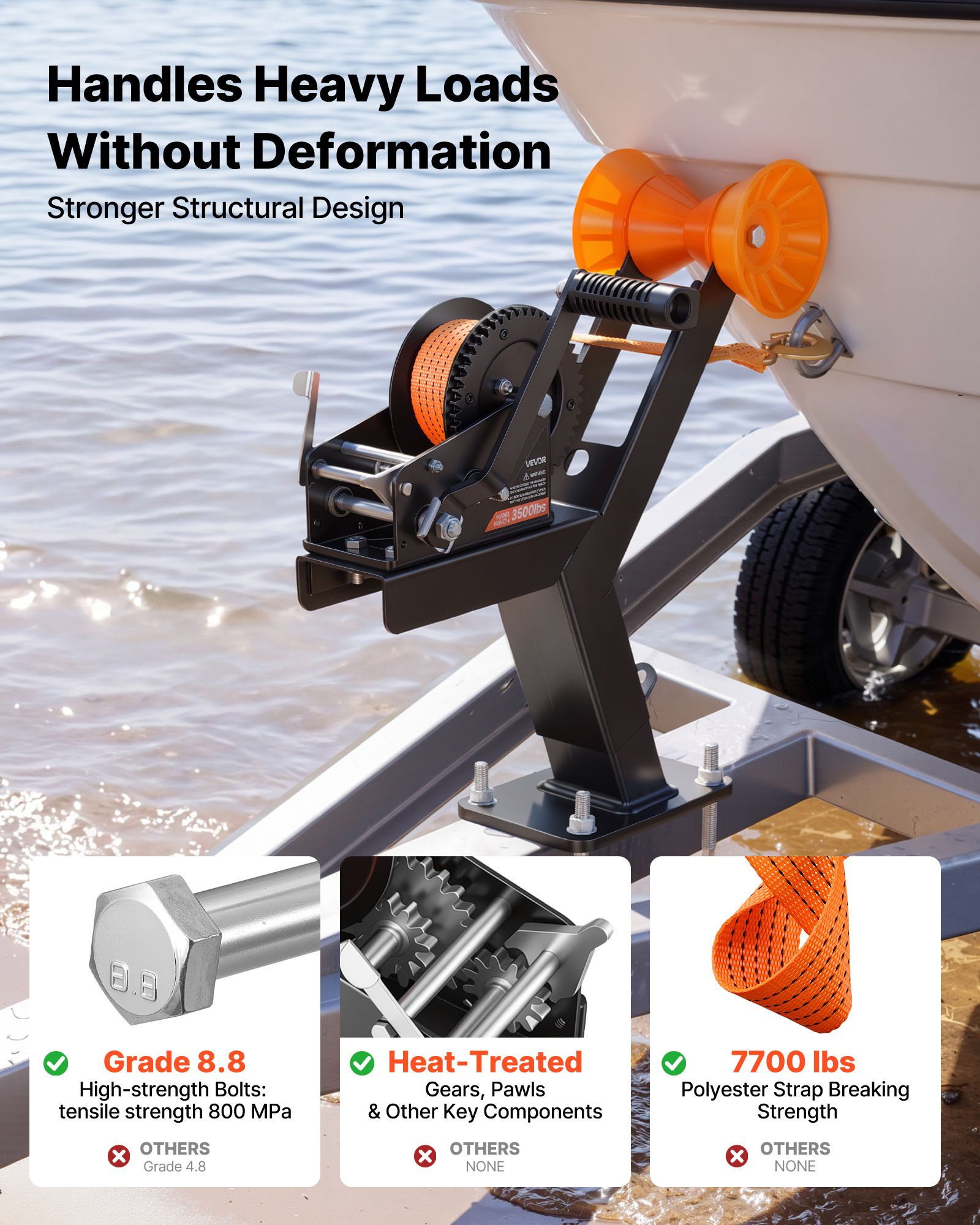 VEVOR Boat Trailer Winch Stand with Roller, 1588 kg, 6.1m Orange Polyester Strap, Boat Winch Mount, for 2-3 Inches W x 3-4 Inches H Trailer Tongue, Fit for Jet Ski, Sailboat, Speedboat