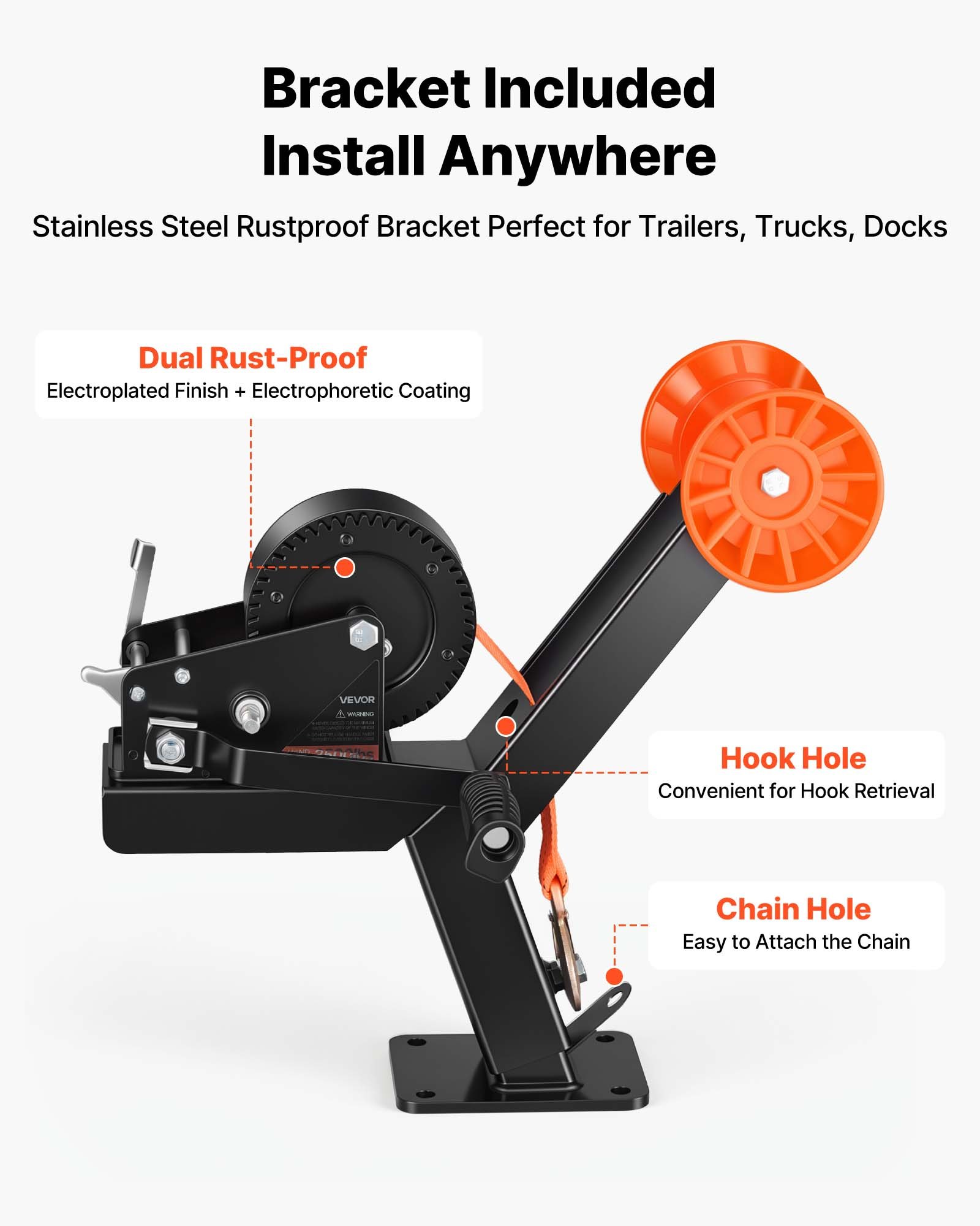 VEVOR Boat Trailer Winch Stand with Roller, 1588 kg, 6.1m Orange Polyester Strap, Boat Winch Mount, for 2-3 Inches W x 3-4 Inches H Trailer Tongue, Fit for Jet Ski, Sailboat, Speedboat