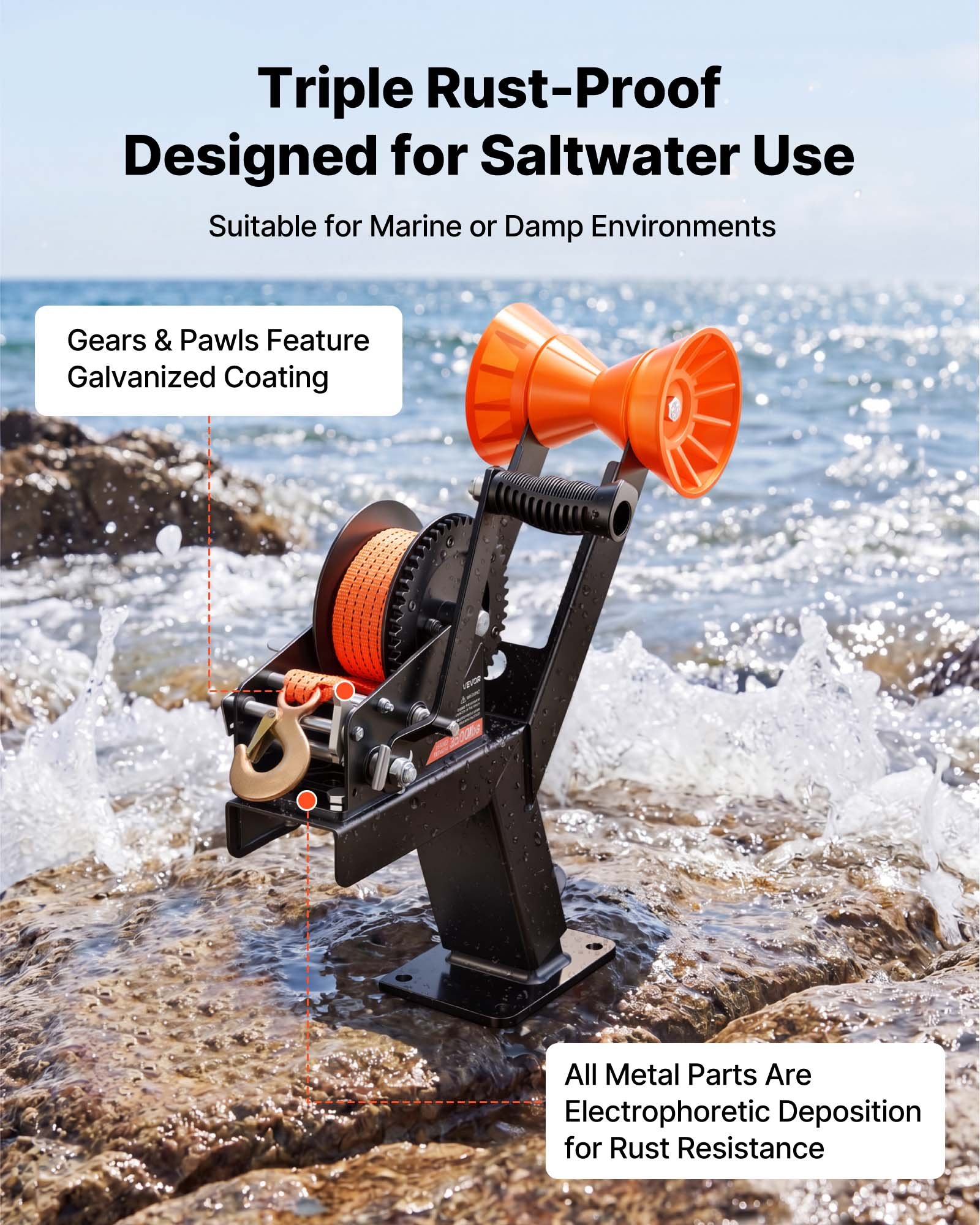 VEVOR Boat Trailer Winch Stand with Roller, 1588 kg, 6.1m Orange Polyester Strap, Boat Winch Mount, for 2-3 Inches W x 3-4 Inches H Trailer Tongue, Fit for Jet Ski, Sailboat, Speedboat