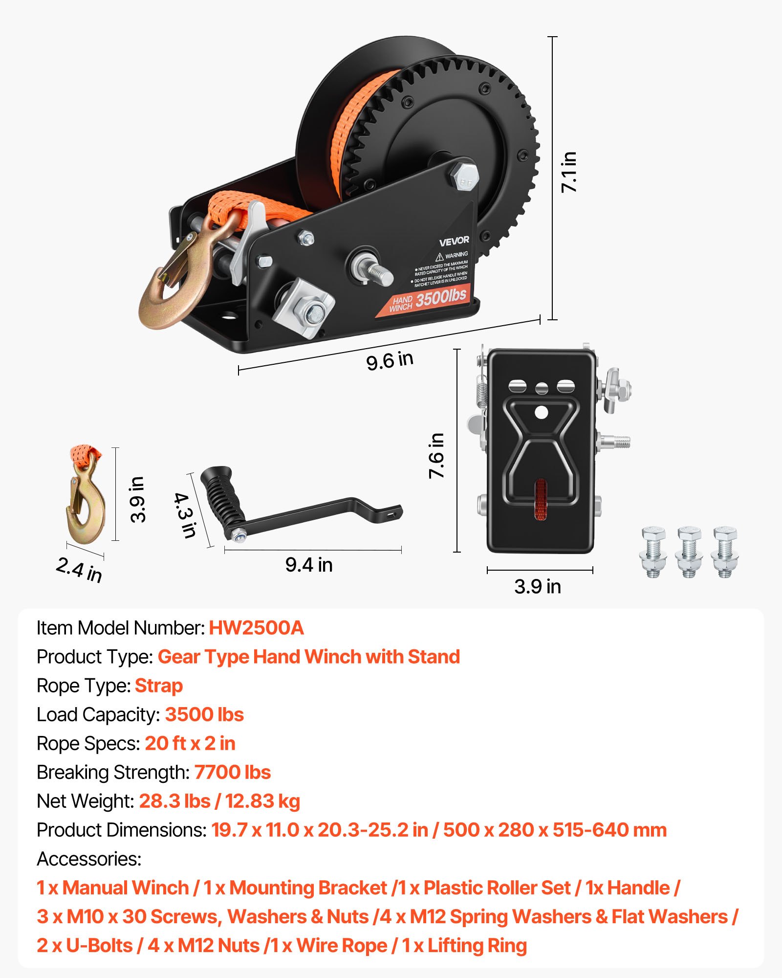 VEVOR Boat Trailer Winch Stand with Roller, 1588 kg, 6.1m Orange Polyester Strap, Boat Winch Mount, for 2-3 Inches W x 3-4 Inches H Trailer Tongue, Fit for Jet Ski, Sailboat, Speedboat