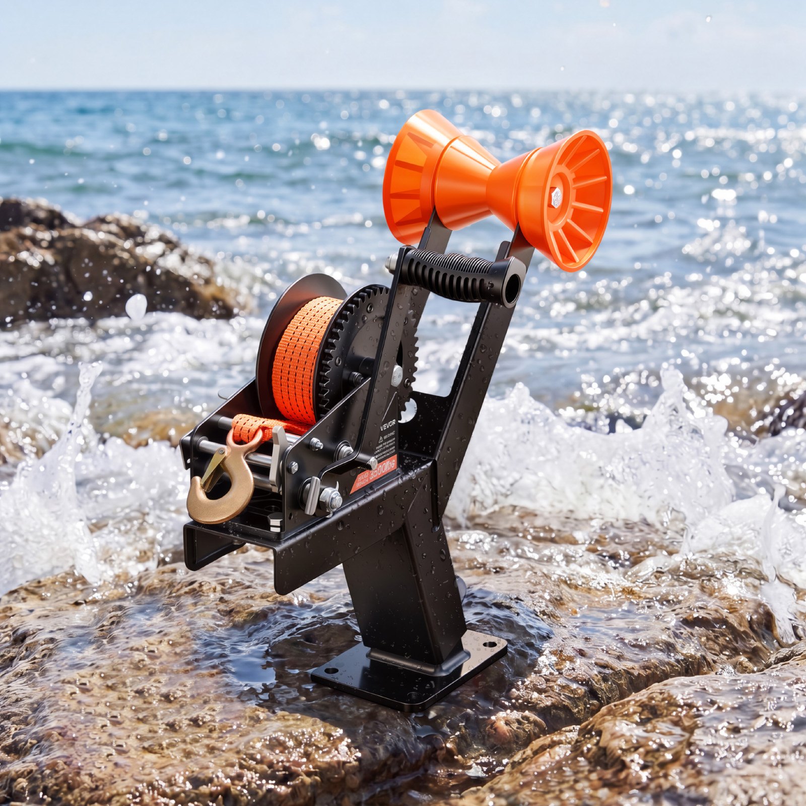 VEVOR Boat Trailer Winch Stand with Roller, 1588 kg, 6.1m Orange Polyester Strap, Boat Winch Mount, for 2-3 Inches W x 3-4 Inches H Trailer Tongue, Fit for Jet Ski, Sailboat, Speedboat