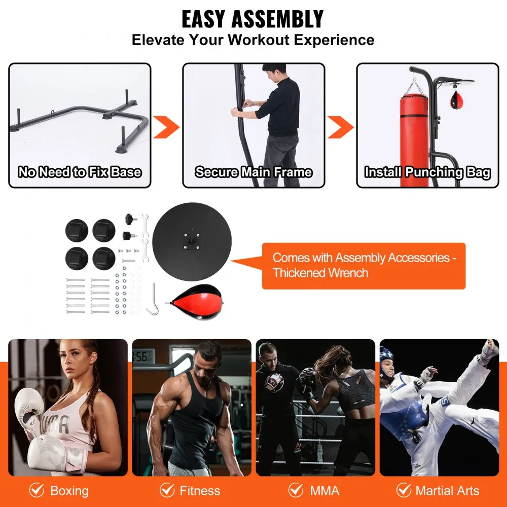 VEVOR punching bag stand assembly process with base, main frame, and accessories for boxing, fitness, mma, martial arts.