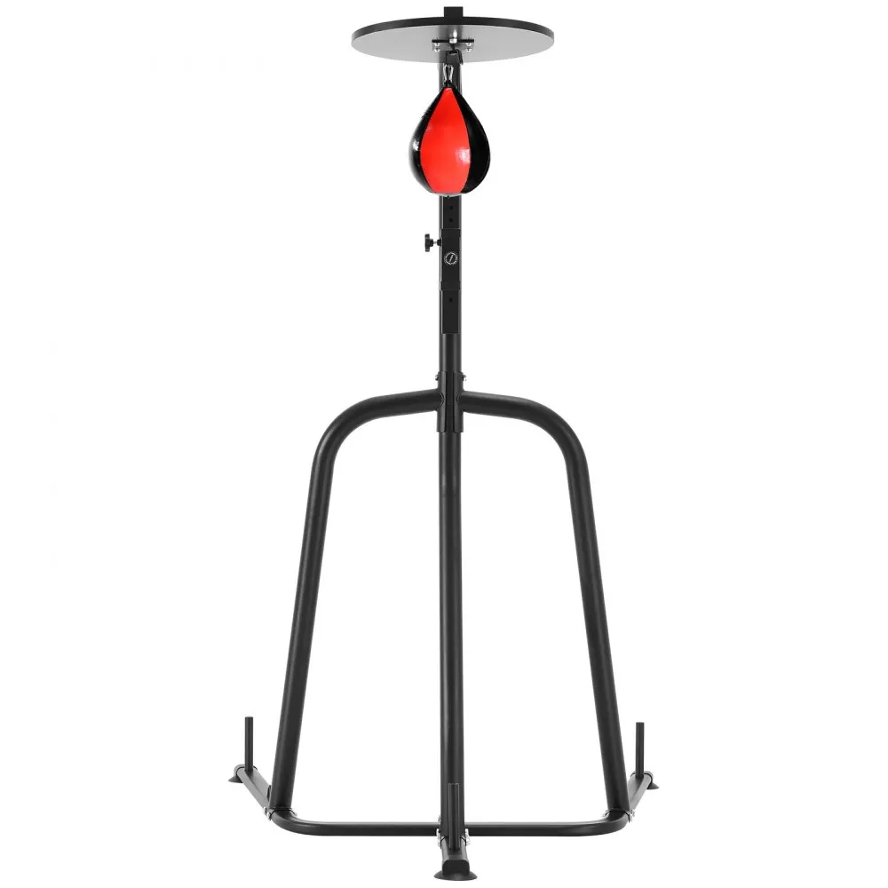 black VEVOR punching bag stand with red and black speed bag, adjustable height, and sturdy frame.