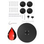 VEVOR punching bag stand parts including bolts, screws, washers, knobs, tools, and a speed bag.