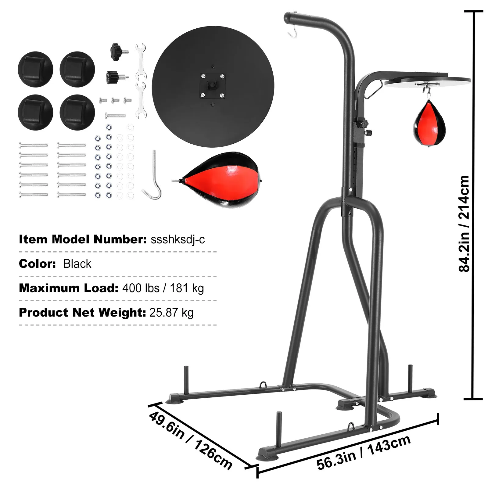 VEVOR punching bag stand assembly with dimensions, max load 400 lbs, black, model ssshksdj-c.