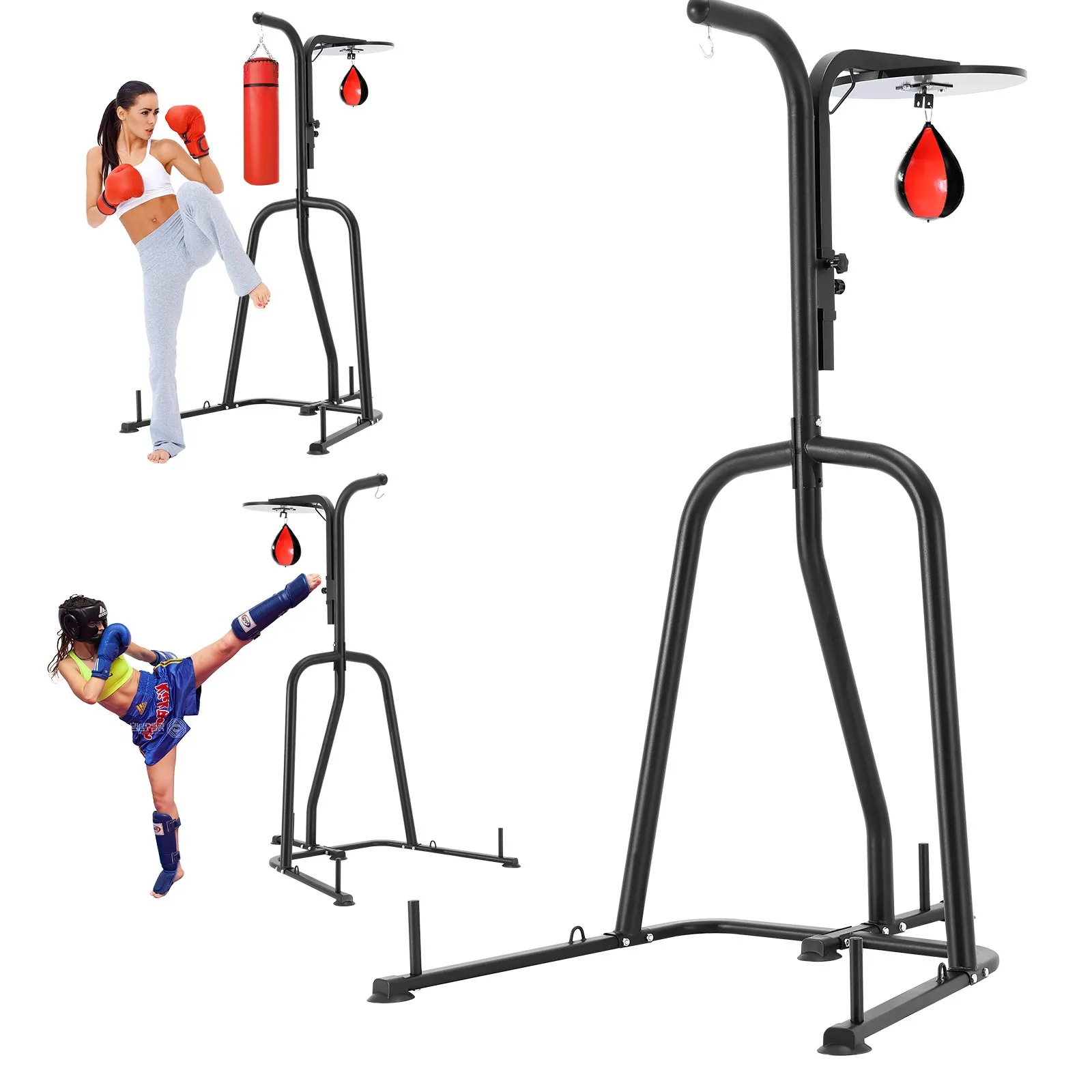 VEVOR punching bag stand with speed bag, showcasing two individuals practicing boxing and martial arts kicks.