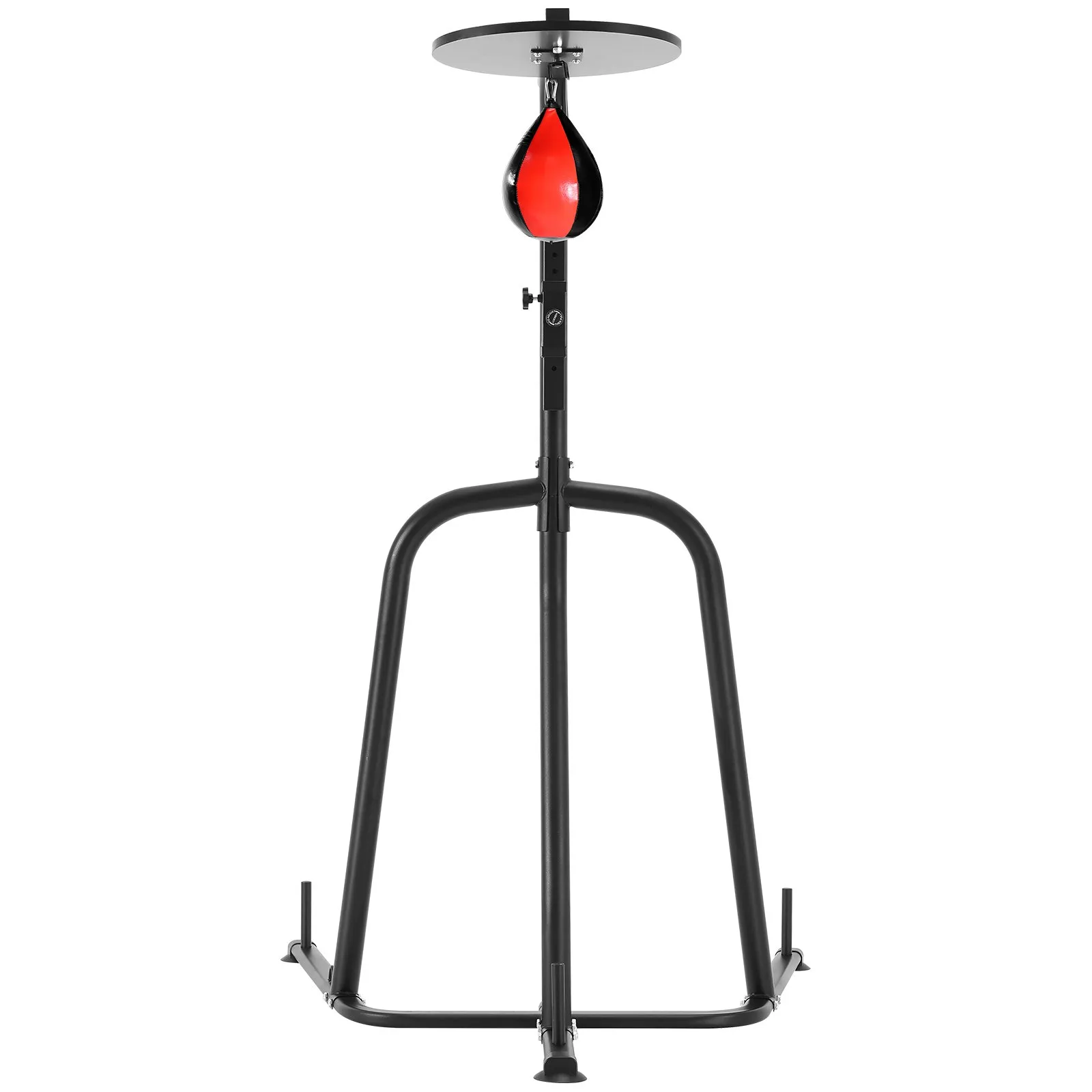 black VEVOR punching bag stand with red and black speed bag, adjustable height, and sturdy frame.