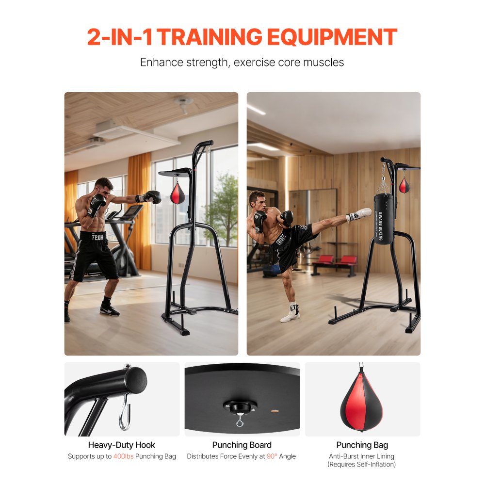 VEVOR 2 in 1 Punching Bag Stand, Steel Heavy Duty Workout Equipment, Adjustable Height Boxing Punching Bag and Speed Bag Stand, Freestanding Sandbag Rack, Holds Up to 140 lbs, for Home Gym Fitness