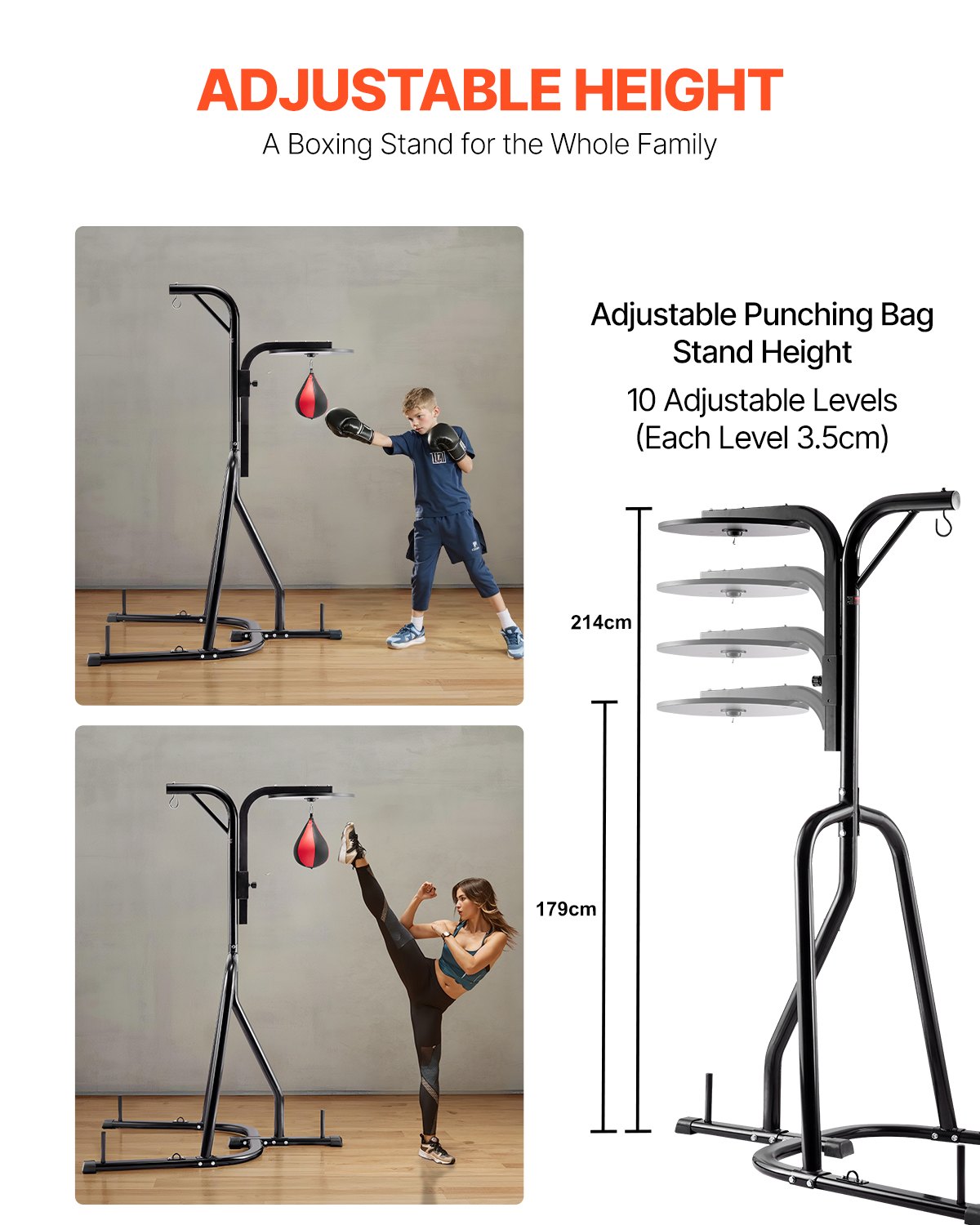 VEVOR 2 in 1 Punching Bag Stand, Steel Heavy Duty Workout Equipment, Adjustable Height Boxing Punching Bag and Speed Bag Stand, Freestanding Sandbag Rack, Holds Up to 140 lbs, for Home Gym Fitness