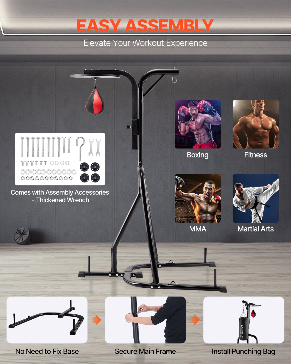 VEVOR 2 in 1 Punching Bag Stand, Steel Heavy Duty Workout Equipment, Adjustable Height Boxing Punching Bag and Speed Bag Stand, Freestanding Sandbag Rack, Holds Up to 140 lbs, for Home Gym Fitness