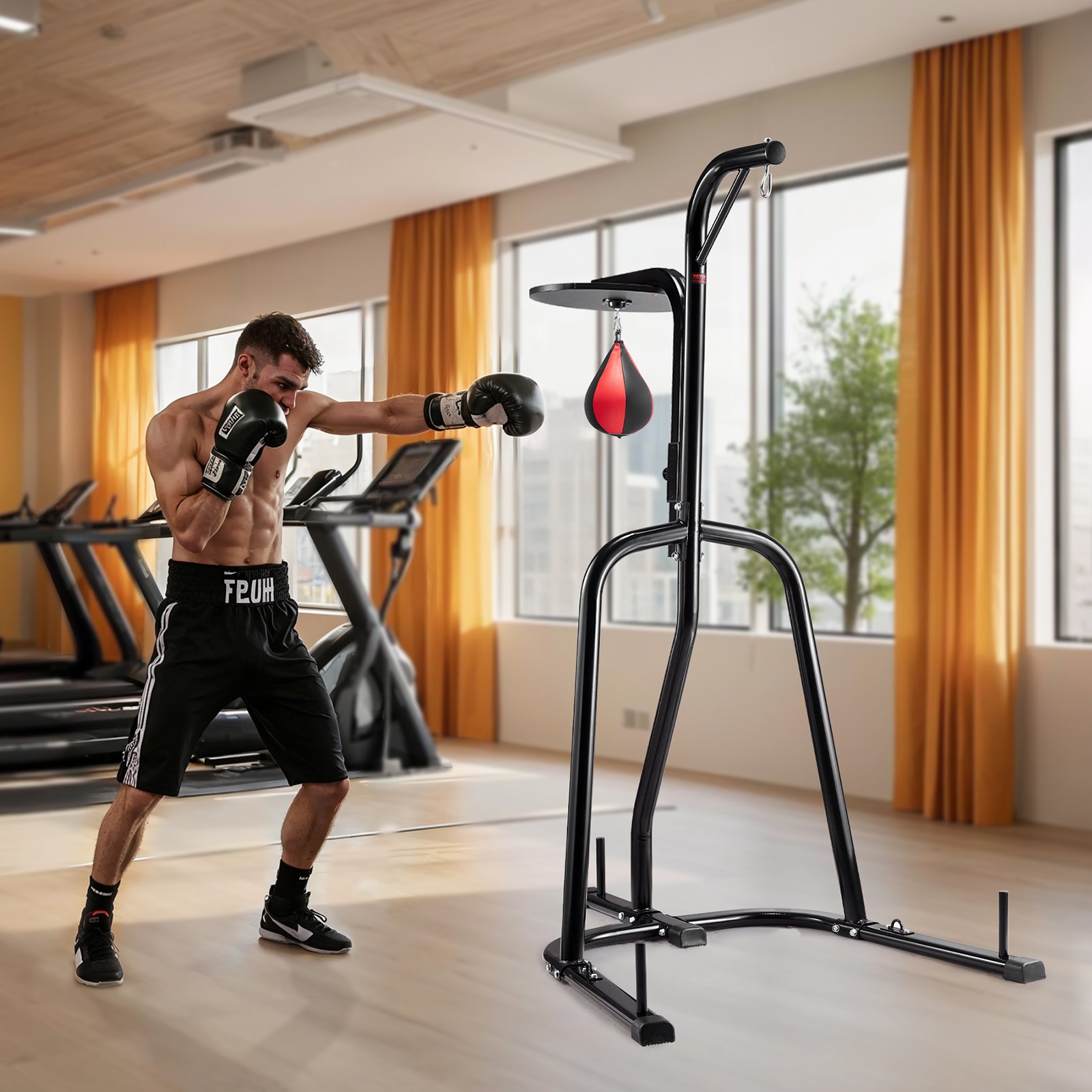 VEVOR 2 in 1 Punching Bag Stand, Steel Heavy Duty Workout Equipment, Adjustable Height Boxing Punching Bag and Speed Bag Stand, Freestanding Sandbag Rack, Holds Up to 140 lbs, for Home Gym Fitness