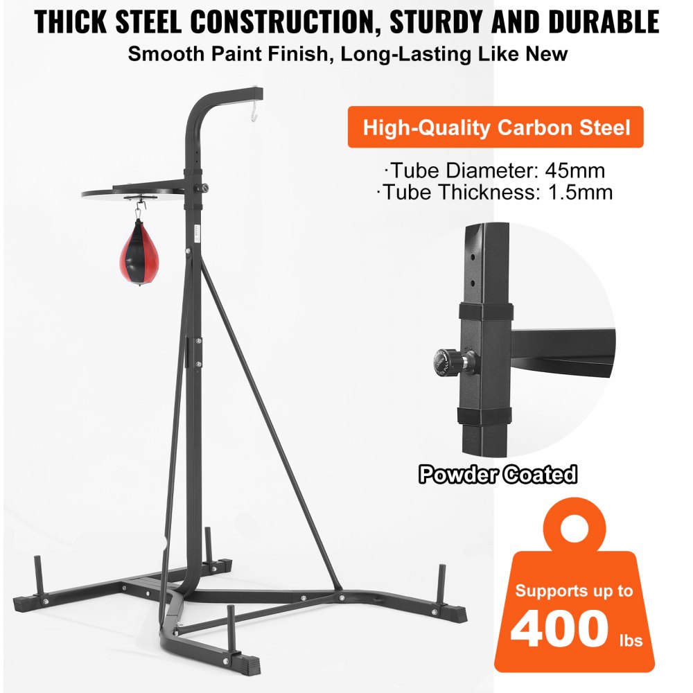 VEVOR 2 in 1 Punching Bag Stand, Steel Heavy Duty Workout Equipment, Adjustable Height Boxing Punching Bag and Speed Bag Stand, Freestanding Sandbag Rack, Holds Up to 400 lbs, for Home Gym Fitness