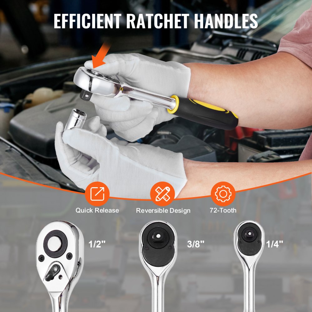 VEVOR 207-Piece Mechanics Tool Set, 1/4" 3/8" 1/2" Drive Sockets, SAE and Metric Mechanic Tool Kit with Bits, Wrenches, Ratchet Handle, Accessories, and Plastic Storage Case, for Automotive Repair