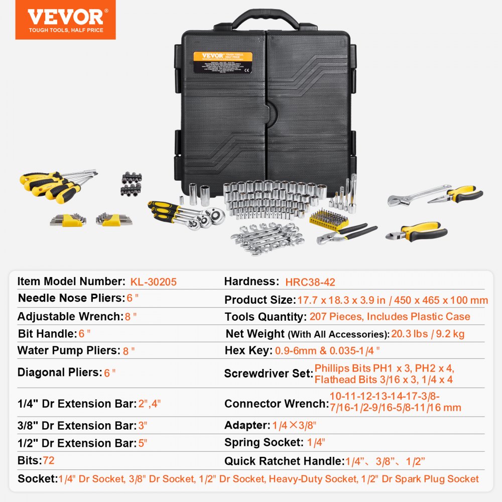 VEVOR 207-Piece Mechanics Tool Set, 1/4" 3/8" 1/2" Drive Sockets, SAE and Metric Mechanic Tool Kit with Bits, Wrenches, Ratchet Handle, Accessories, and Plastic Storage Case, for Automotive Repair
