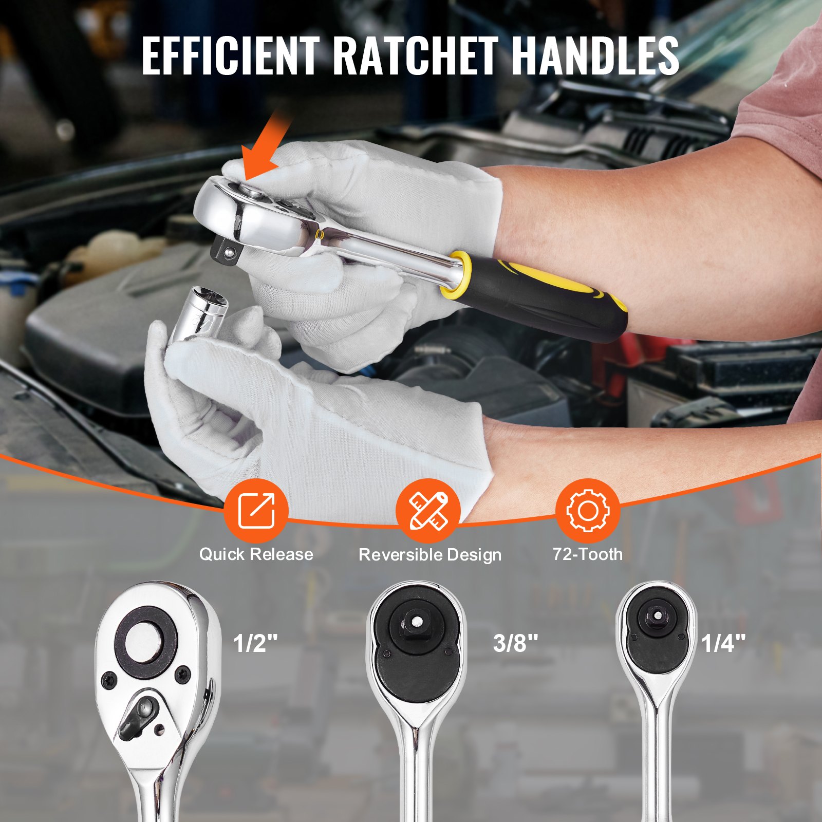VEVOR 207-Piece Mechanics Tool Set, 1/4" 3/8" 1/2" Drive Sockets, SAE and Metric Mechanic Tool Kit with Bits, Wrenches, Ratchet Handle, Accessories, and Plastic Storage Case, for Automotive Repair